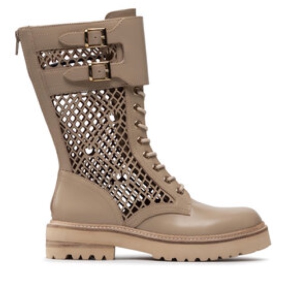 Pinko Beige Leather Combat Boots • Lug Sole • Lace-Up w/ Zipper - Picture 10 of 11
